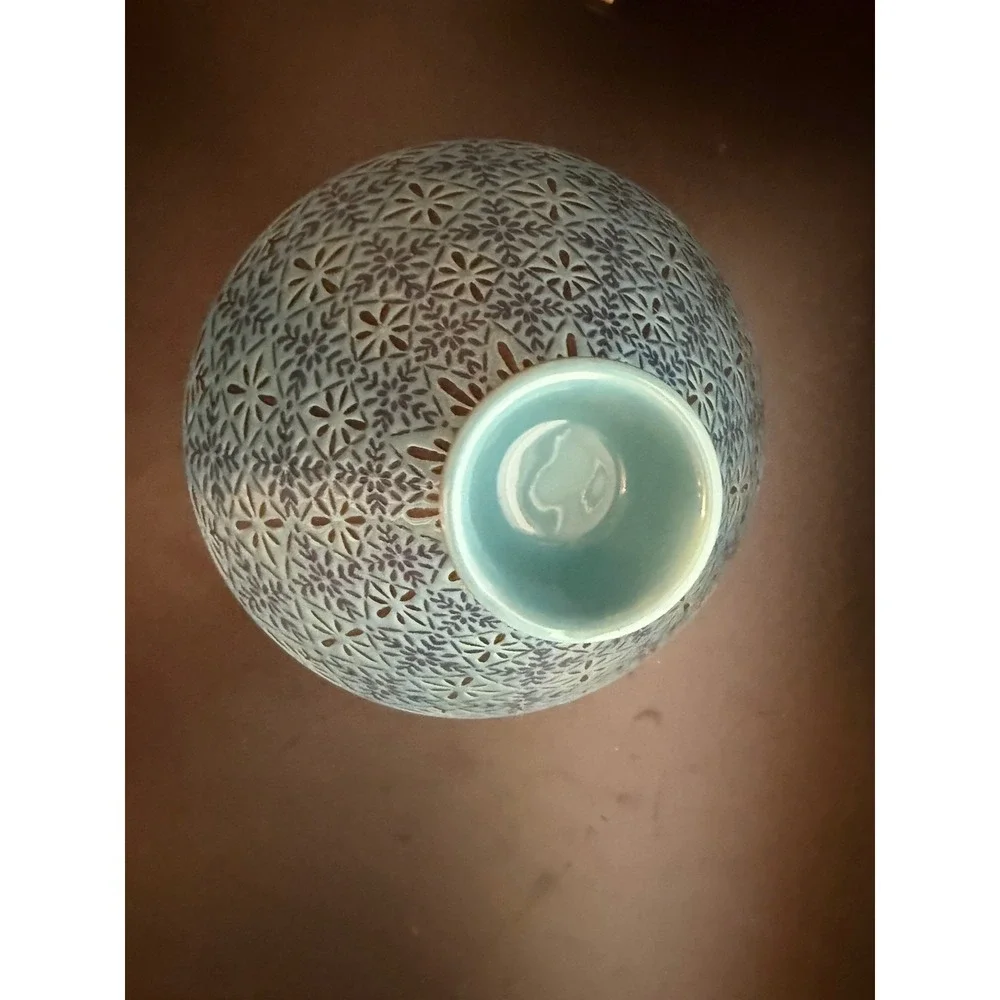 Turquoise Ceramic Pedestal Bowl Embossed Floral Geometric Centerpiece 10in